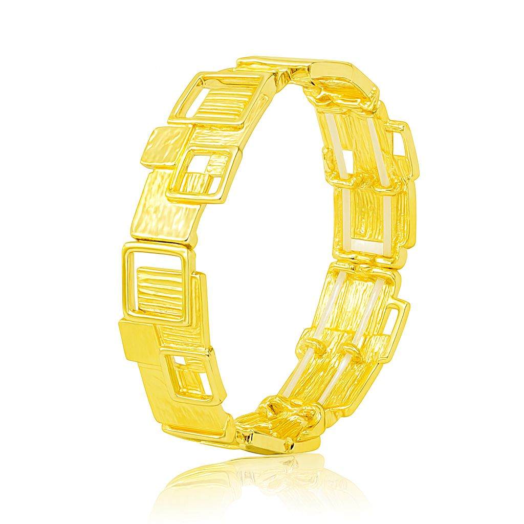 Gold geometric square-link bracelet with textured openwork design, KC gold plated alloy, lightweight and handcrafted fashion accessory for women.