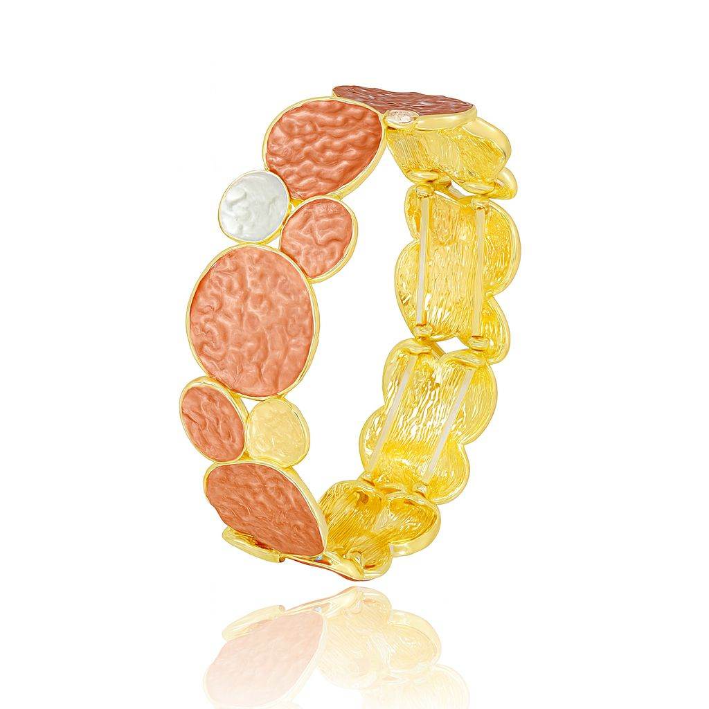 Side view of hand-painted KC gold plated textured oval bracelet