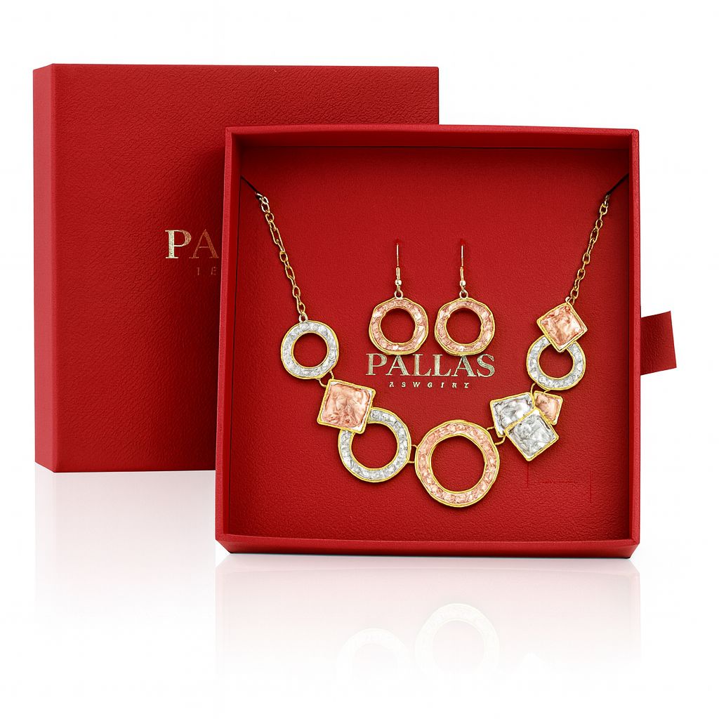 Model wearing geometric circle necklace in gold