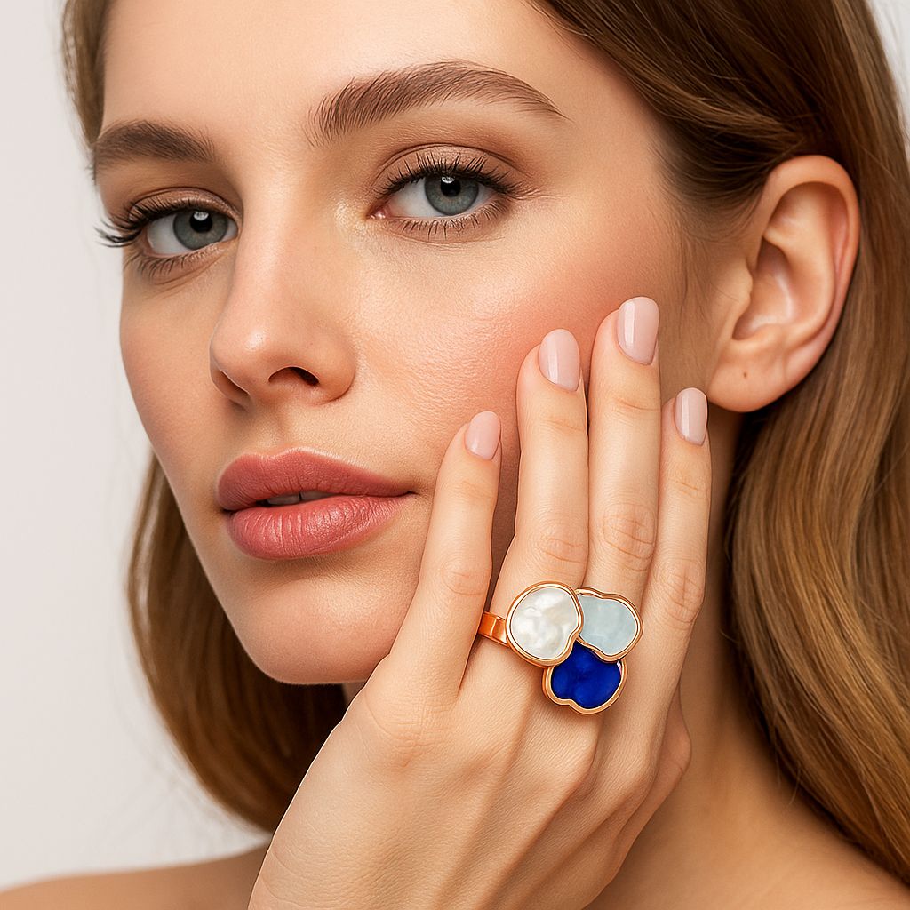 Modern geometric enamel ring with blue and white tones for women