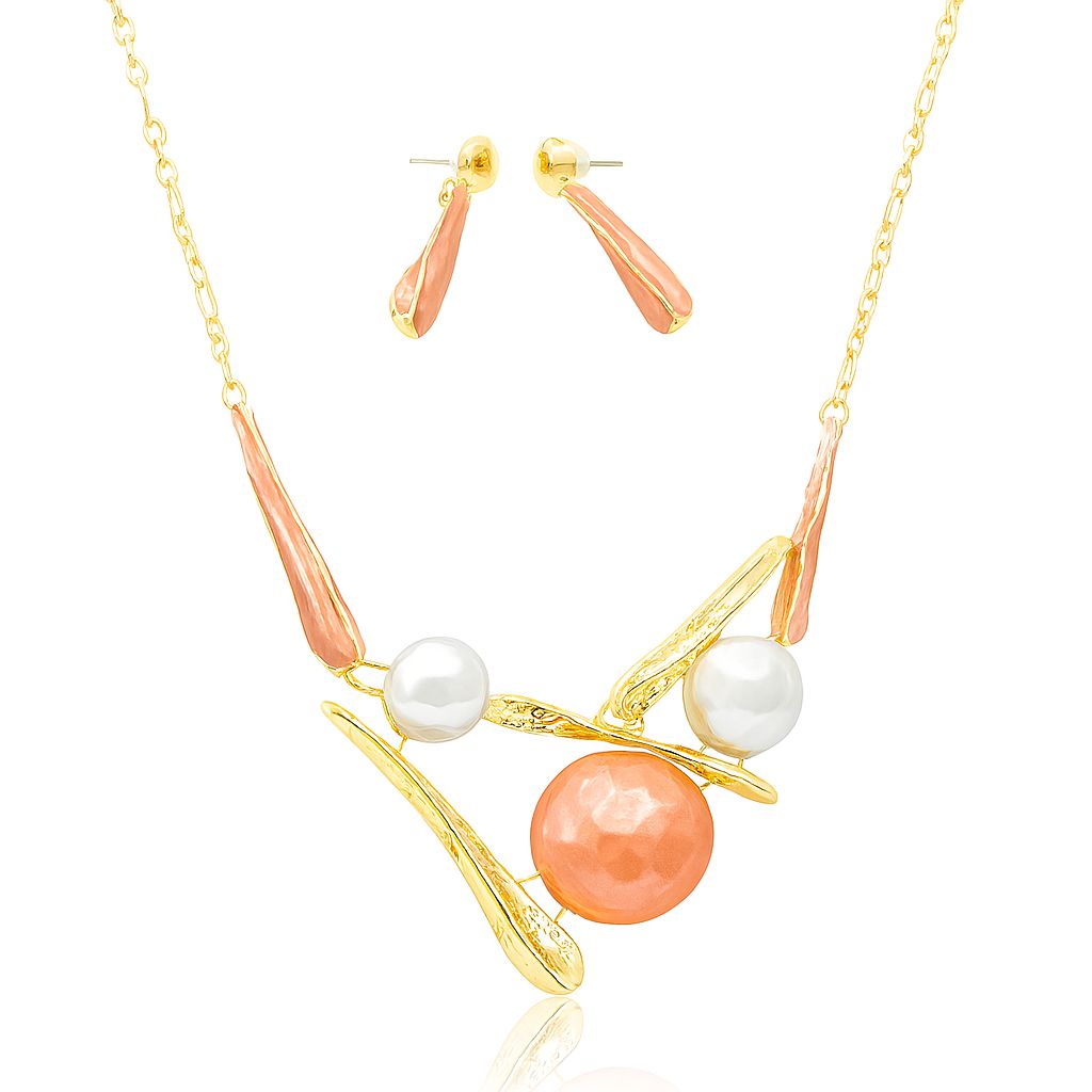 Abstract enamel and pearl necklace with matching drop earrings on white background