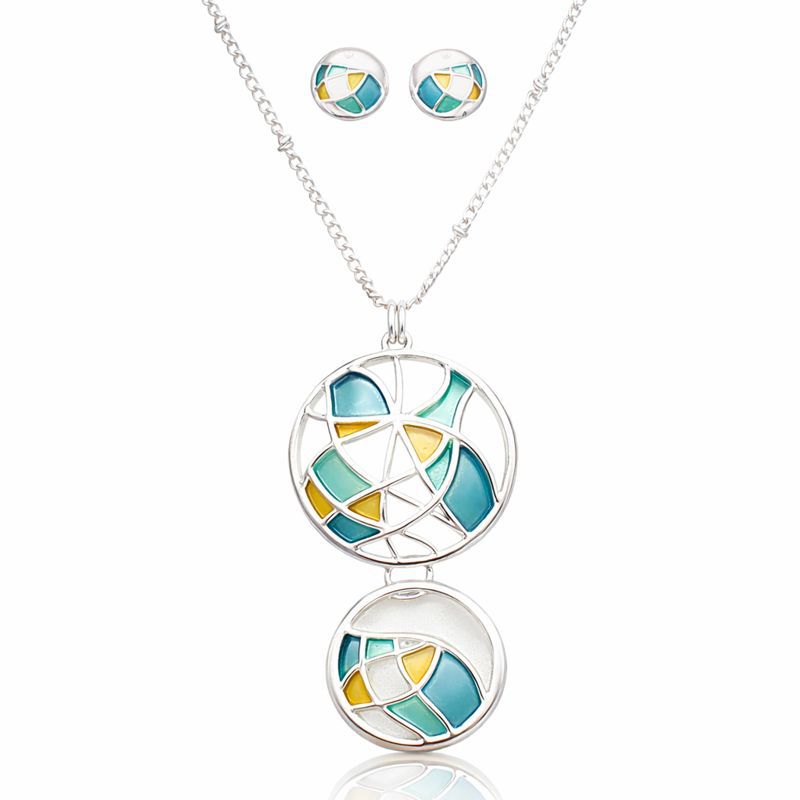 Abstract geometric enamel necklace and earrings set with KC gold plating and hand painted details