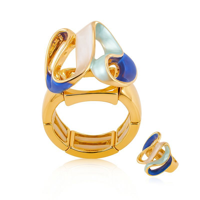 Abstract hand-painted enamel ring with KC gold plated alloy base on white background
