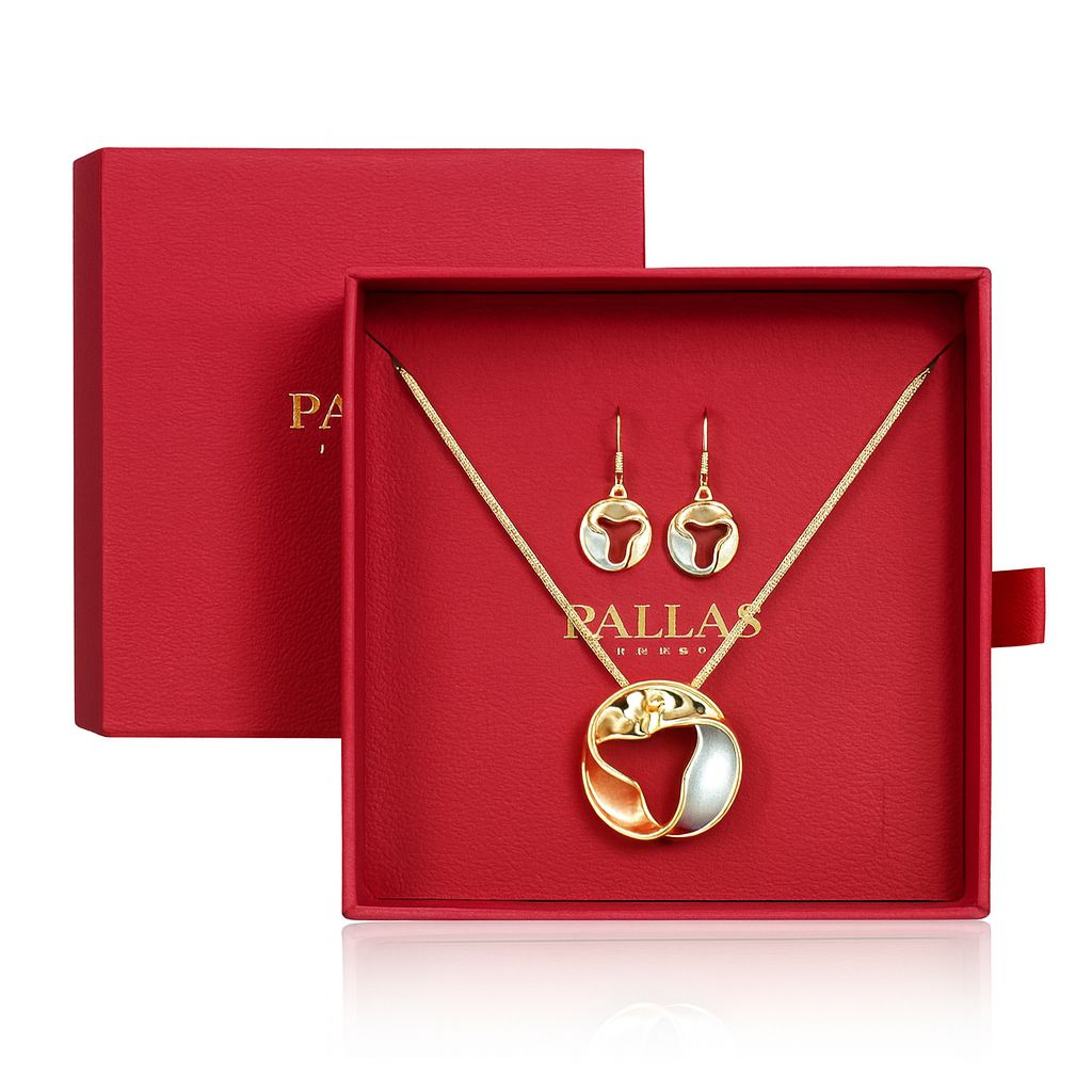 Pallas Jewelry gift box with abstract circle pendant necklace and earrings