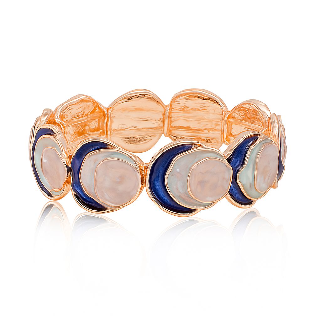 Side view of blue and pearl enamel cuff bracelet in KC gold