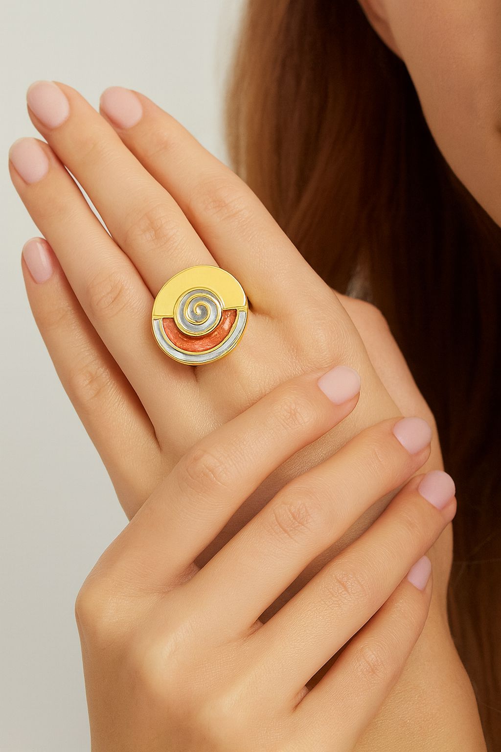 KC gold plated spiral ring with artistic enamel details