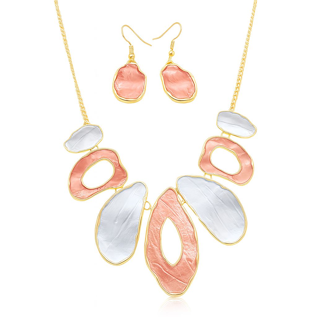 Hand-painted abstract stone necklace and earring set in KC gold