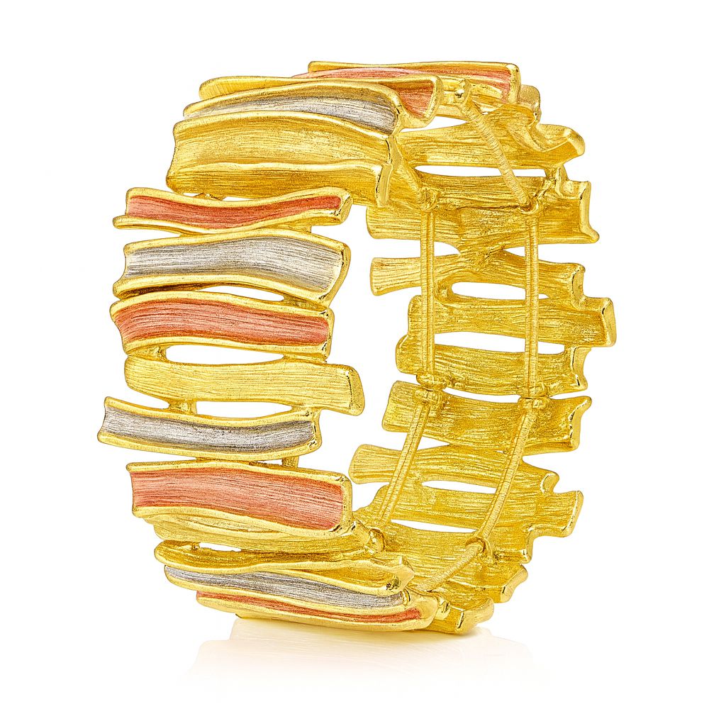 Abstract textured KC gold bracelet with multicolor enamel panels