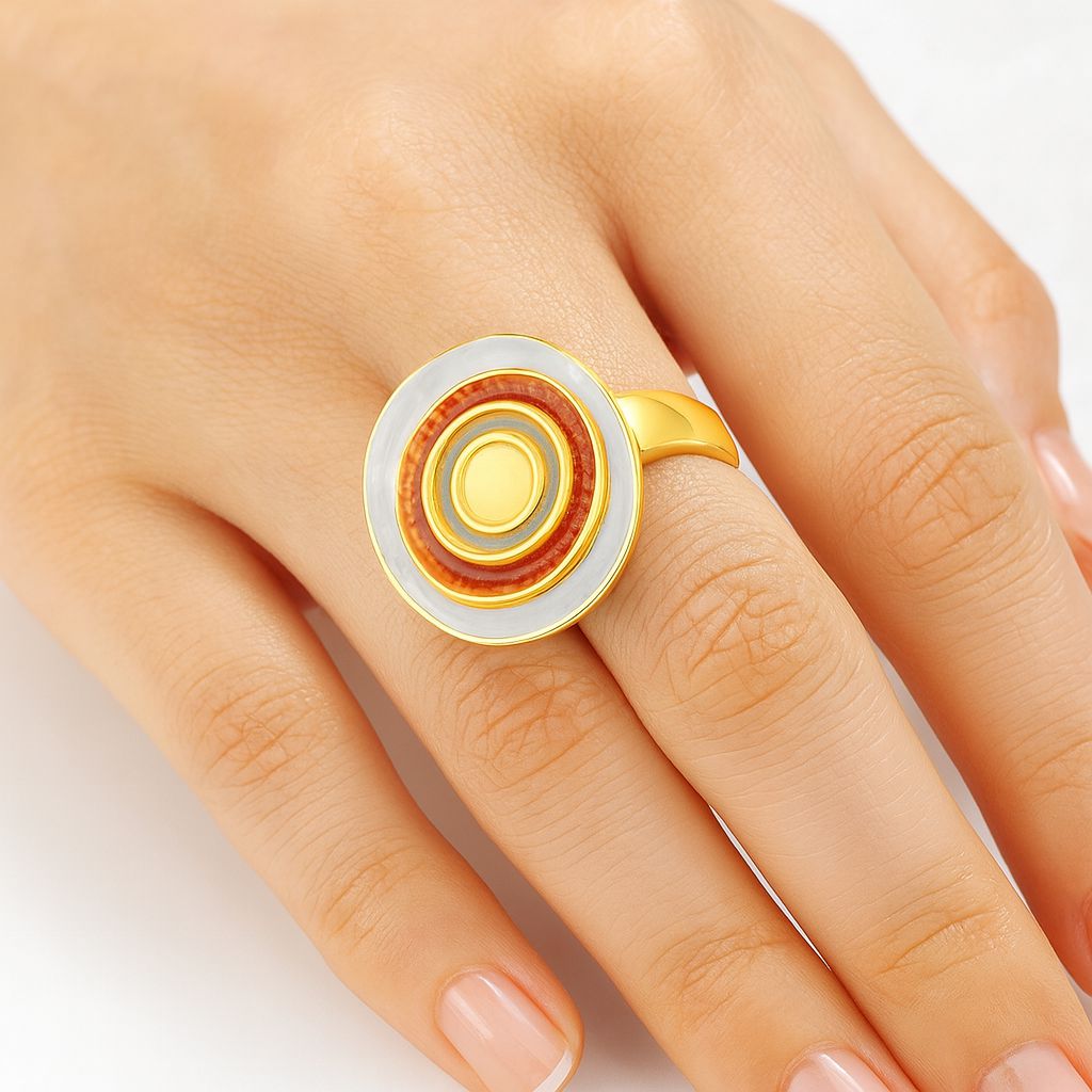 Close-up of adjustable alloy ring with hand-painted enamel domes