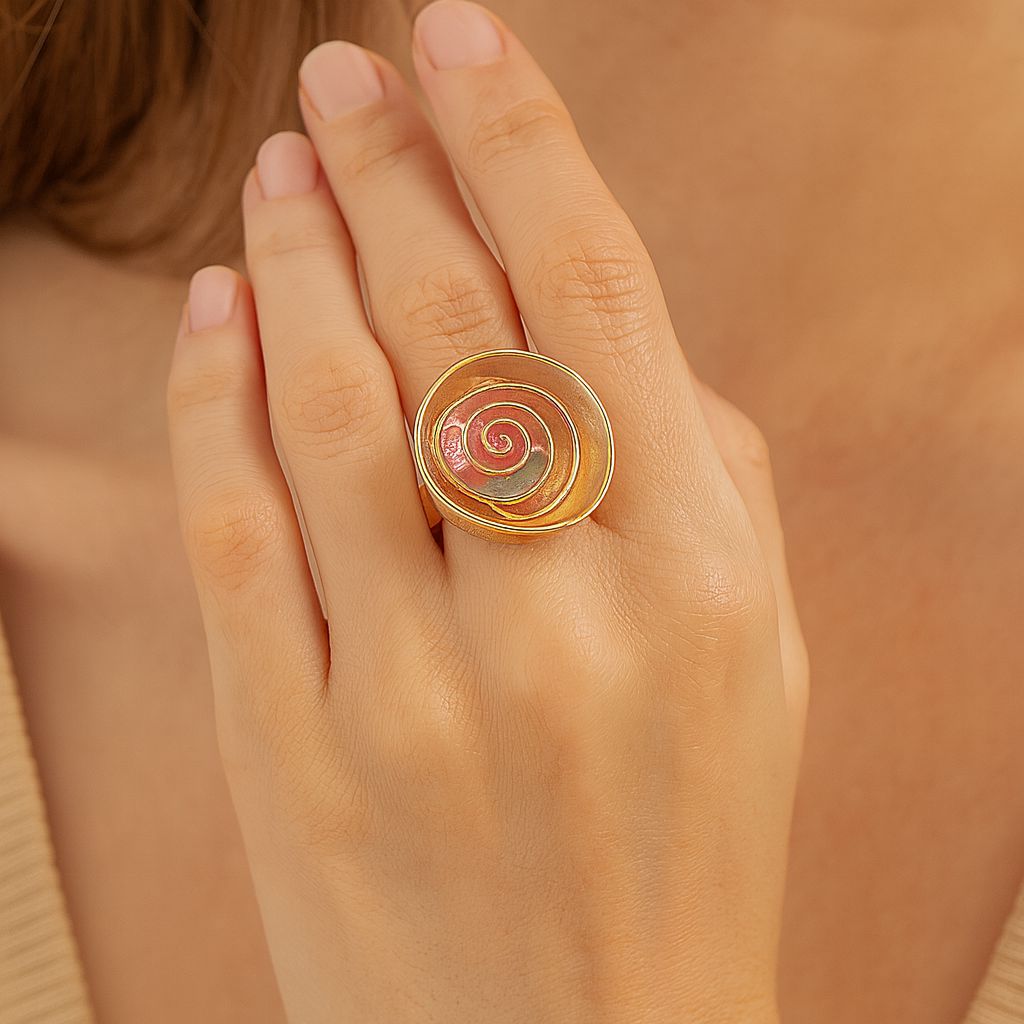 Adjustable alloy ring with hand painted enamel on white background