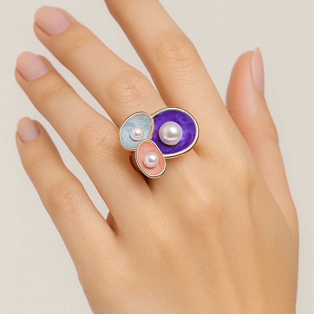 Adjustable KC gold plated enamel ring with handcrafted artistic details