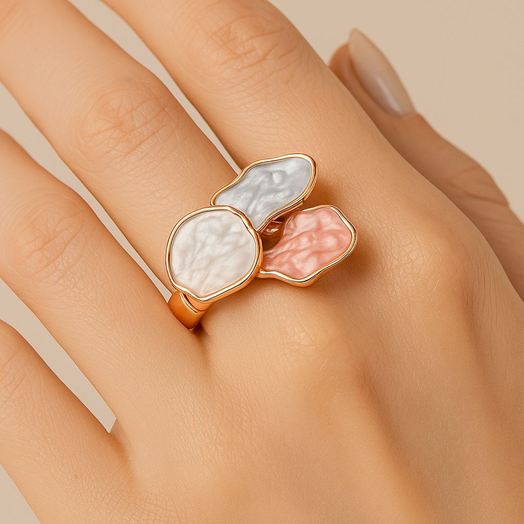 Adjustable enamel gold ring for women in soft neutral colors