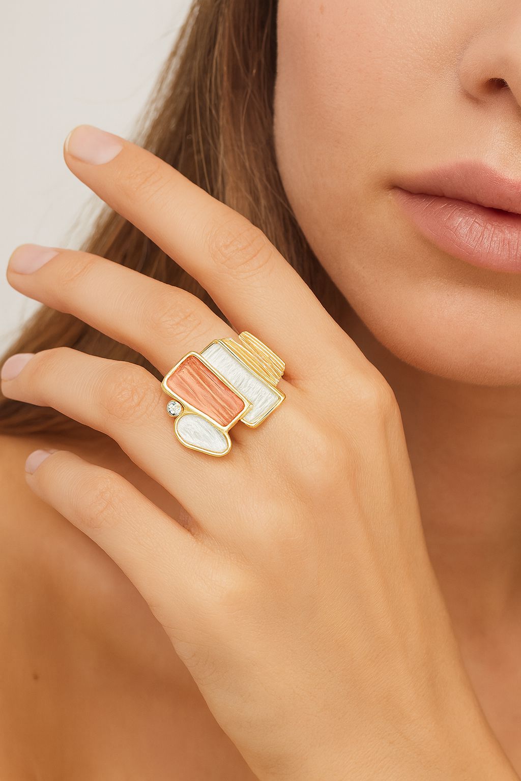 Adjustable geometric KC gold ring with hand painted enamel details