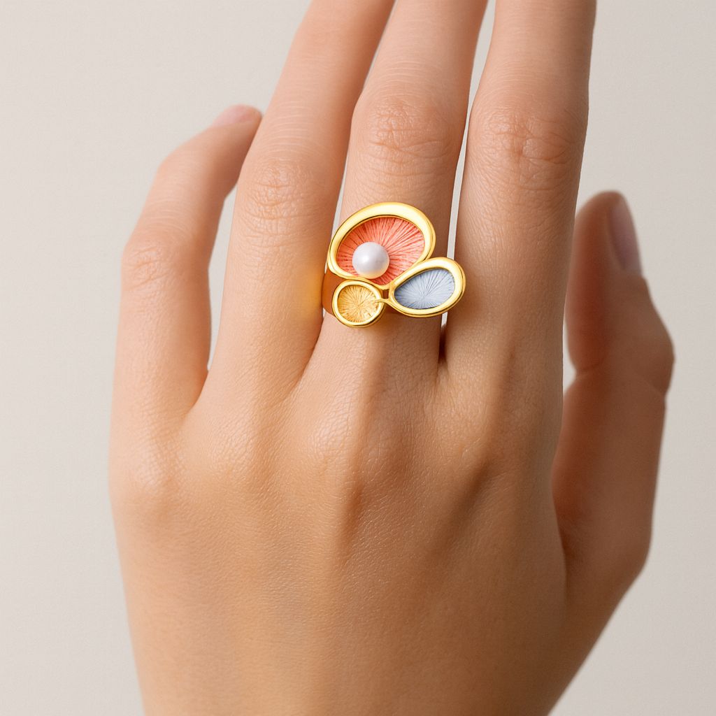 KC gold plated adjustable ring with modern abstract shapes