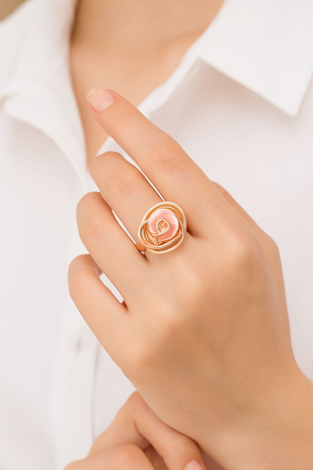 Adjustable KC gold plated rose ring with artistic floral design