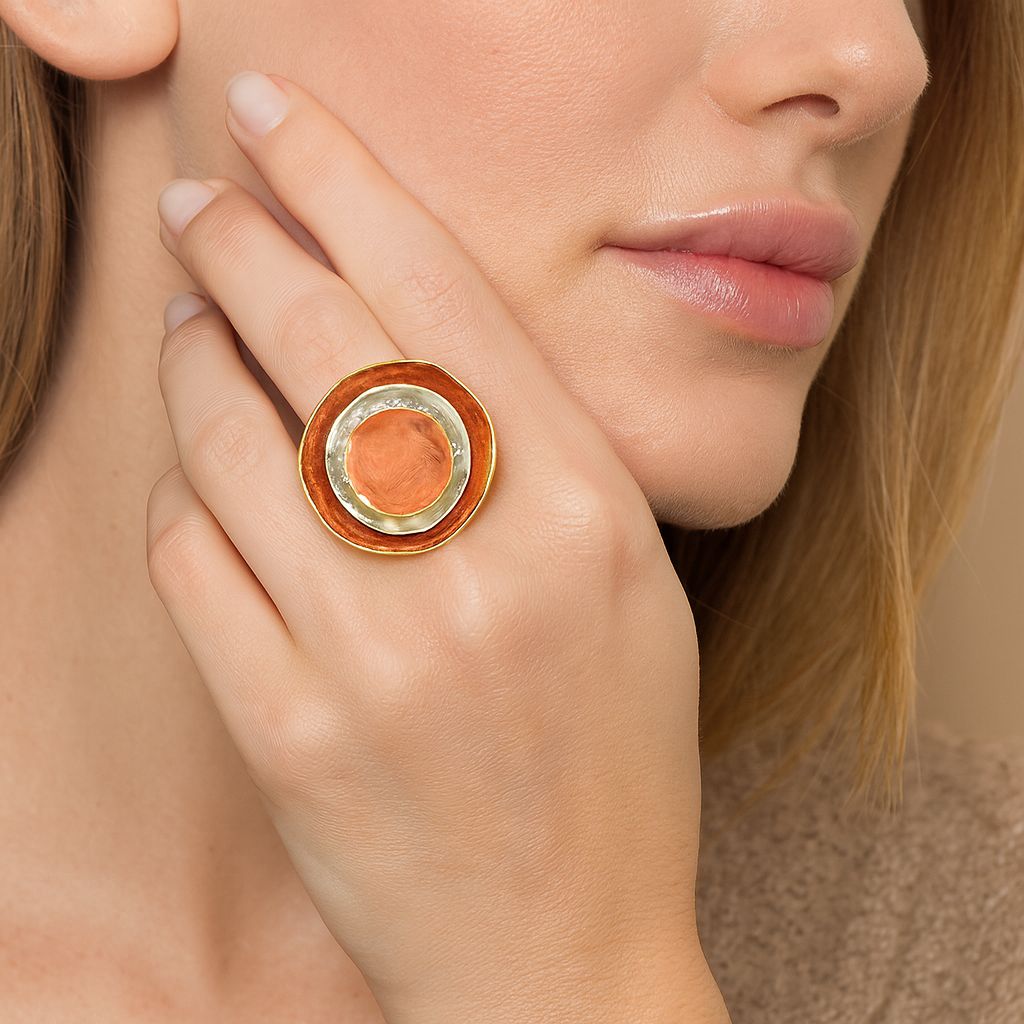 KC gold adjustable statement ring with sculptural enamel layers