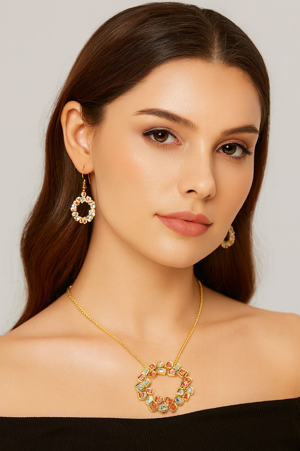 Hand-painted enamel necklace and earrings on model