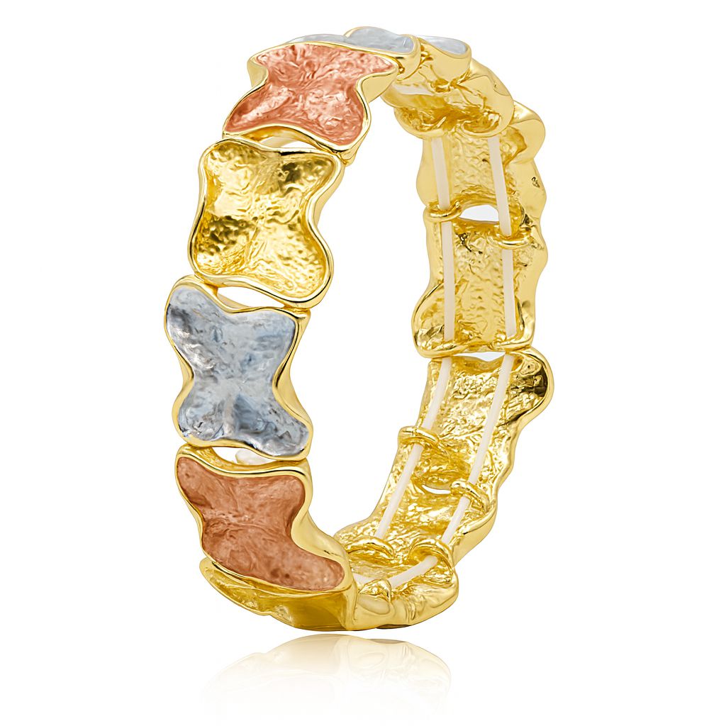 KC gold plated tri-color clover link bracelet with hand-painted textured metal design