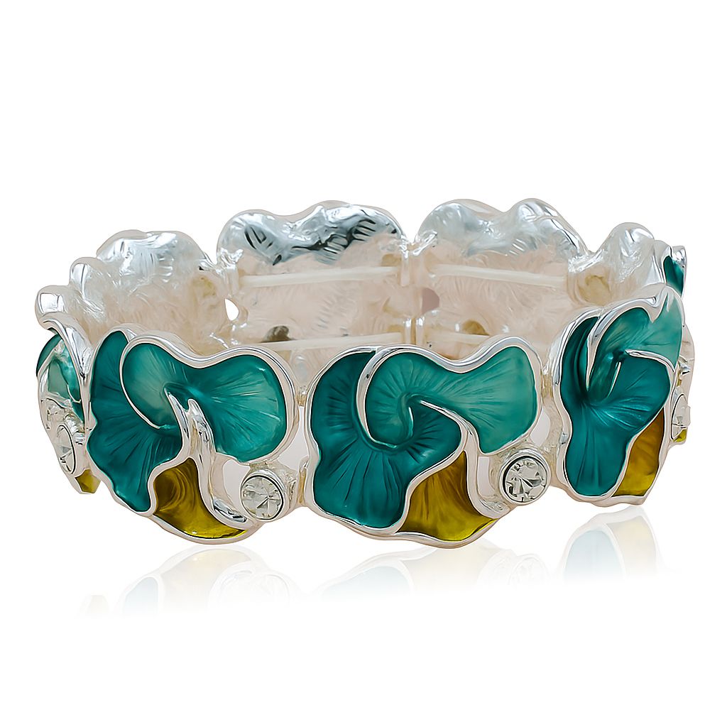 Vibrant turquoise and amber enamel petal bracelet worn on wrist.