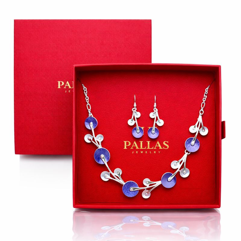 Artisan hand painted enamel jewelry set presented in gift box