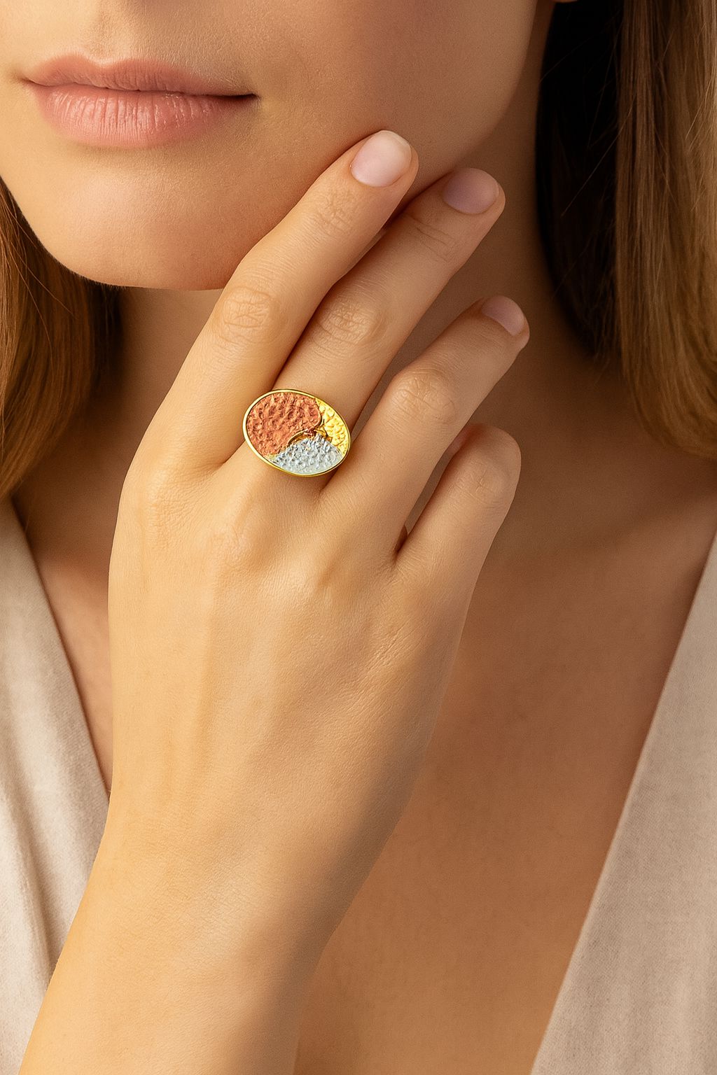 Adjustable alloy statement ring featuring multi-tone textured enamel design