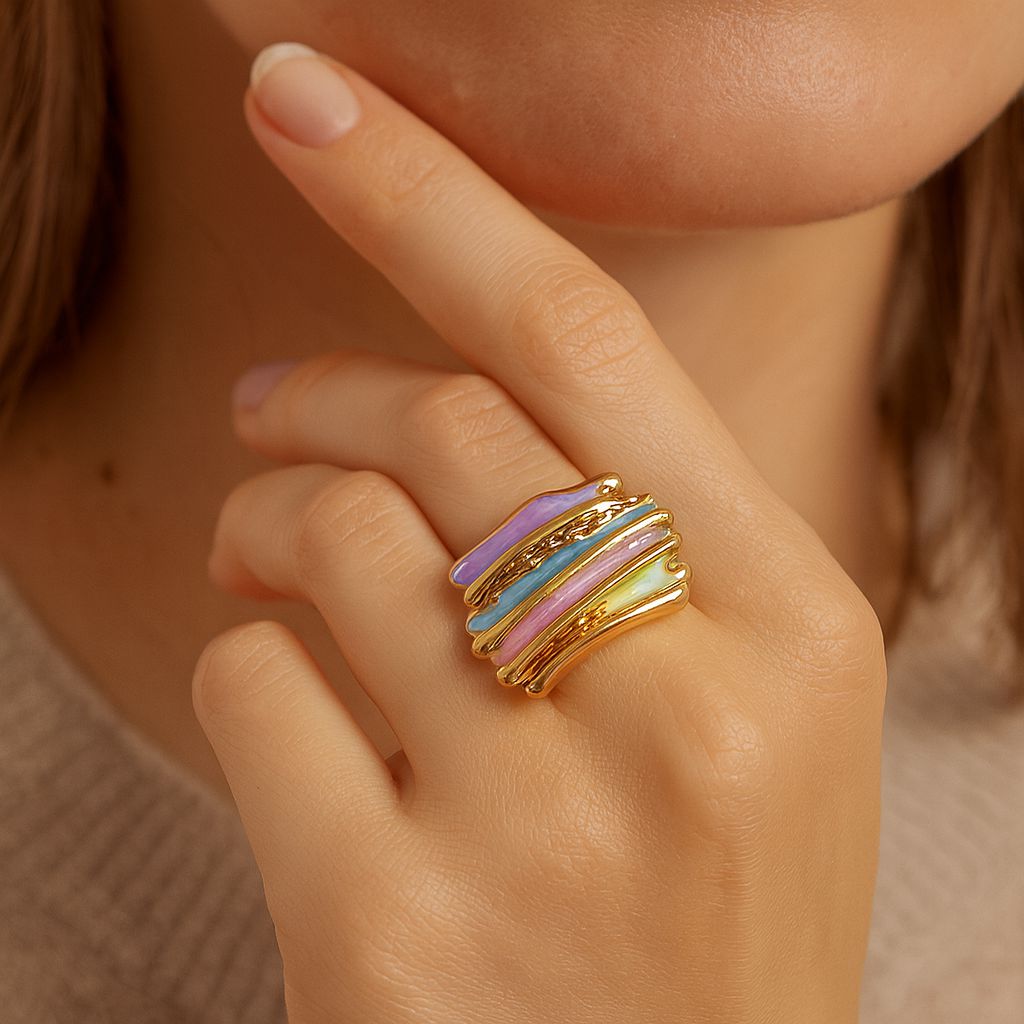 Adjustable abstract enamel ring for women in gold tone