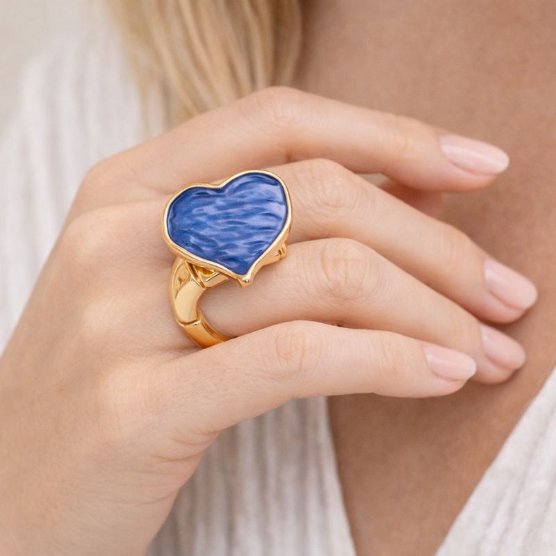 Artistic blue enamel gold ring with heart inspired design for women