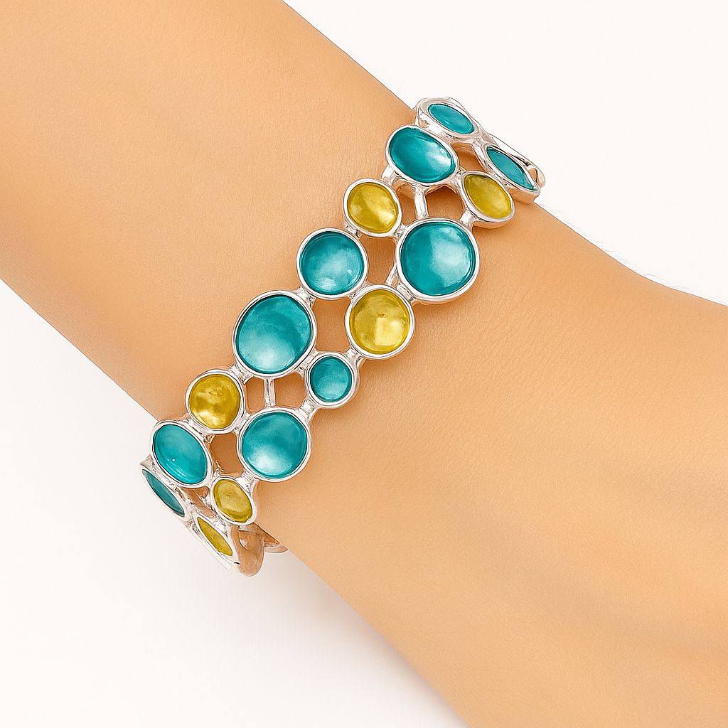 Fashion model styling artistic KC gold-plated enamel bracelet on wrist
