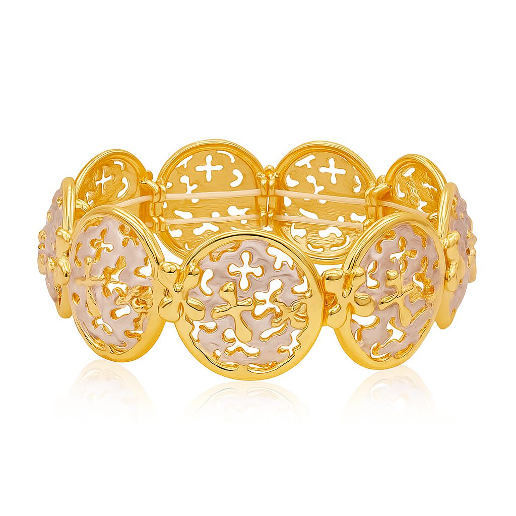 Detailed view of hand-painted round disc enamel bracelet design