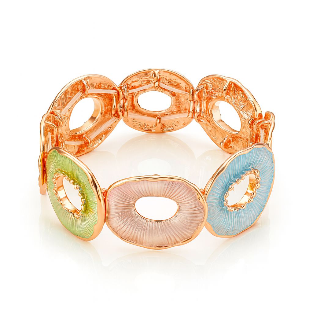 Detail view of circular enamel bracelet featuring hand-painted thin enamel technique