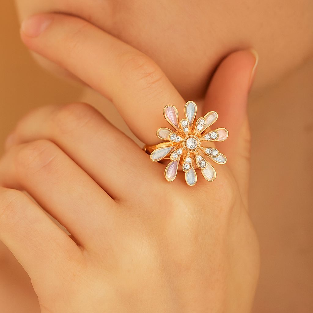 Close up of hand painted enamel flower ring detail