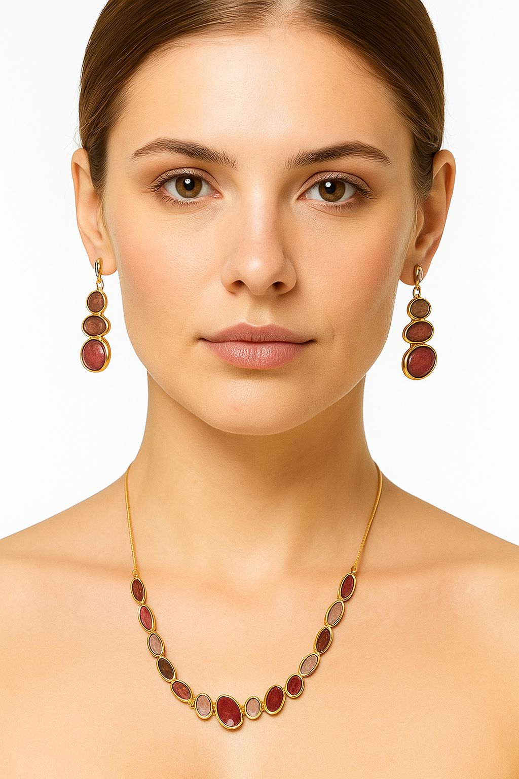 Artistic enamel necklace and earrings worn by model