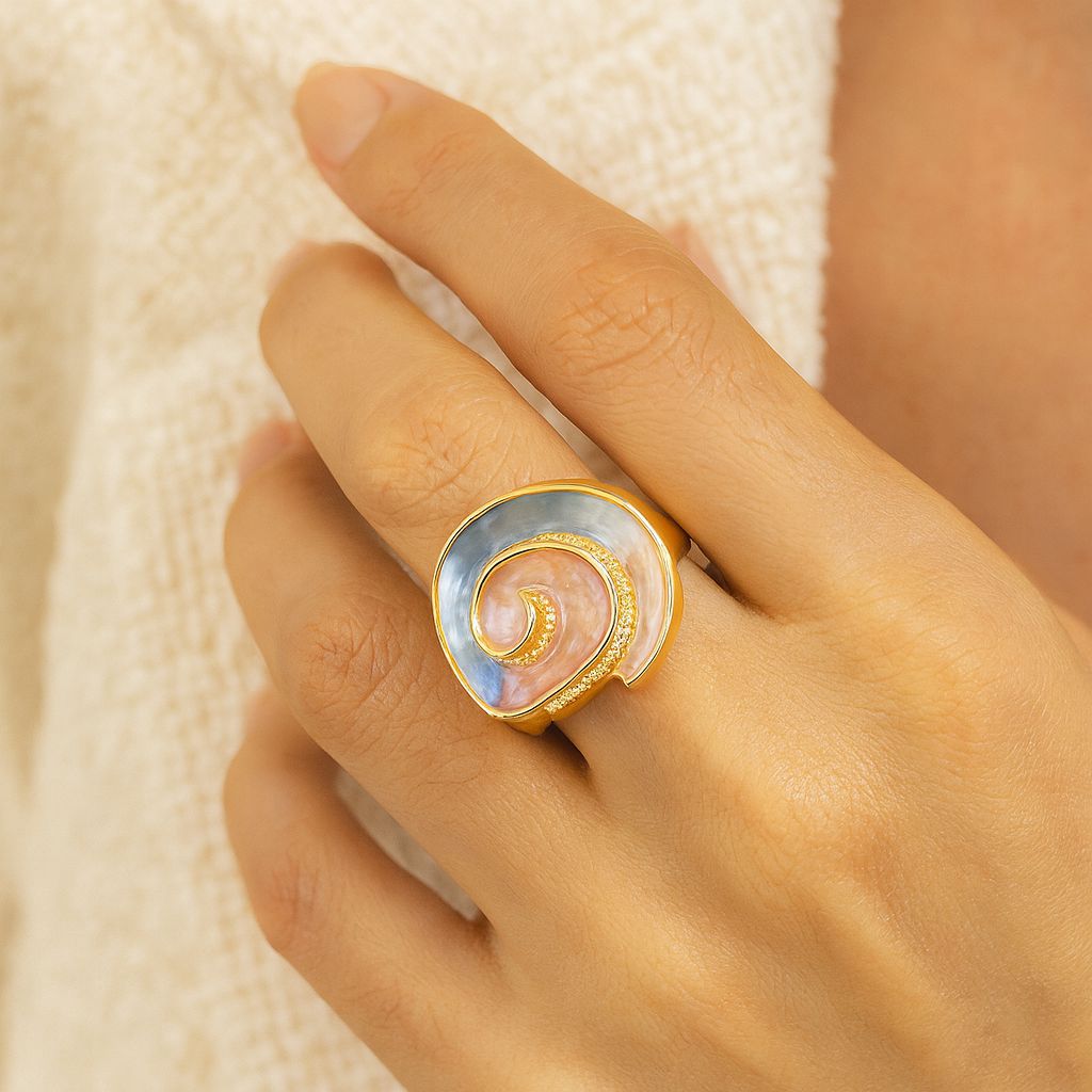 Hand painted enamel statement ring close up details