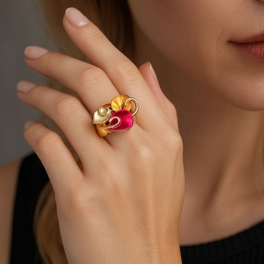 Artistic hand painted enamel ring worn by model, KC gold plated fashion jewelry