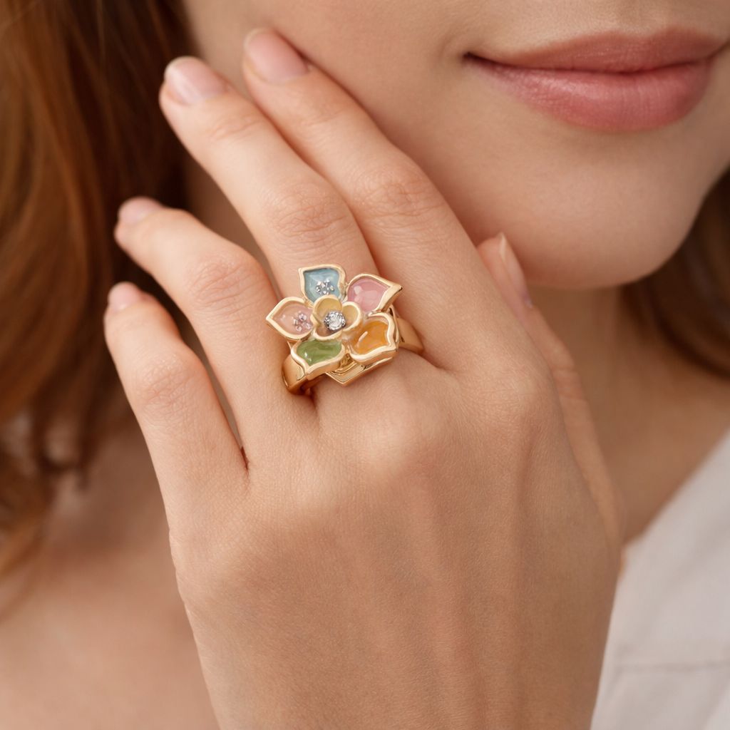 Artistic hand-painted enamel ring worn by model with KC gold plated finish