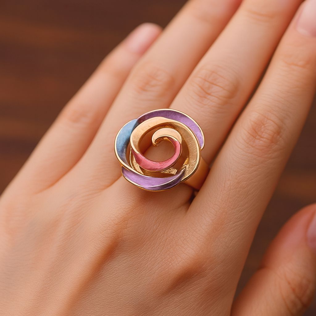 现代珐琅戒指特写，饰有螺旋艺术图案