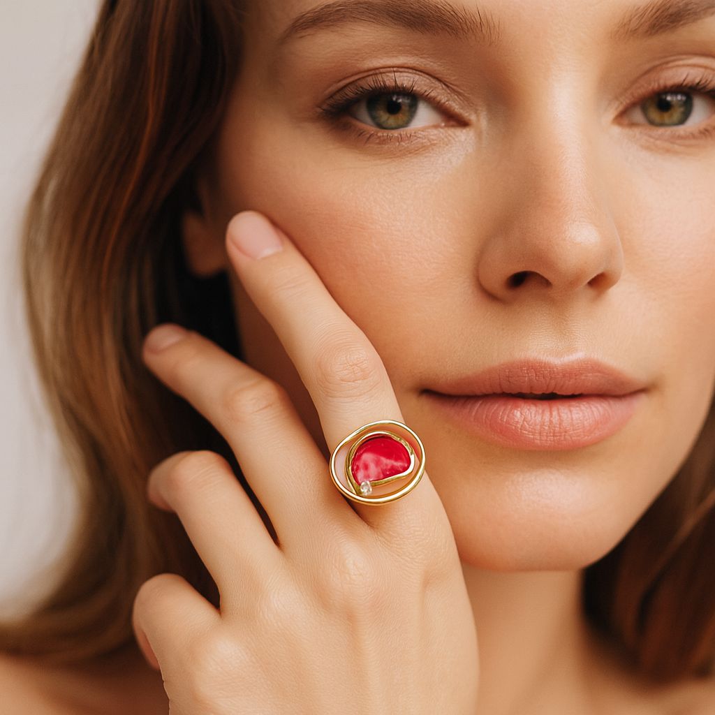 Artistic hand painted enamel statement ring worn on hand