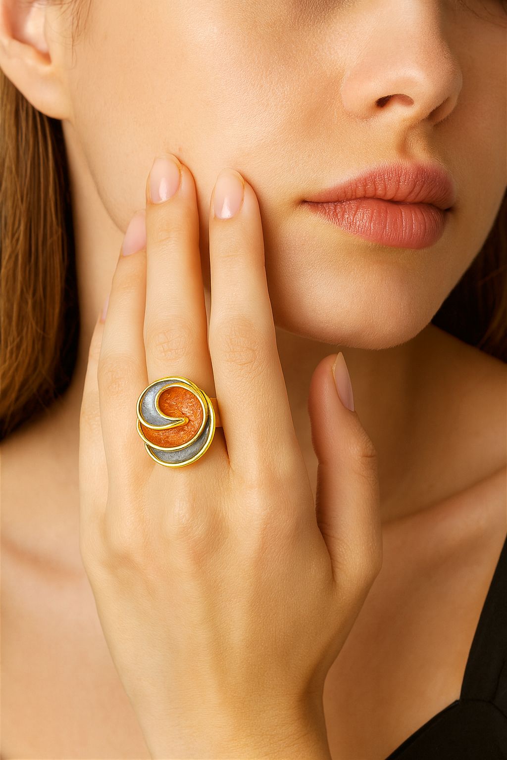 Colorful enamel statement ring with modern abstract swirl pattern