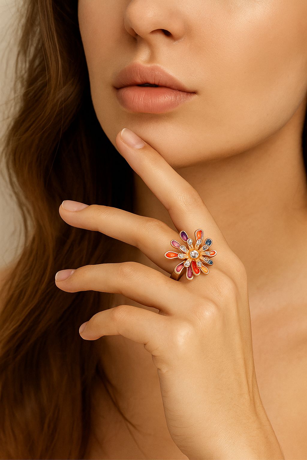 Artistic floral statement ring with hand painted enamel and KC gold finish