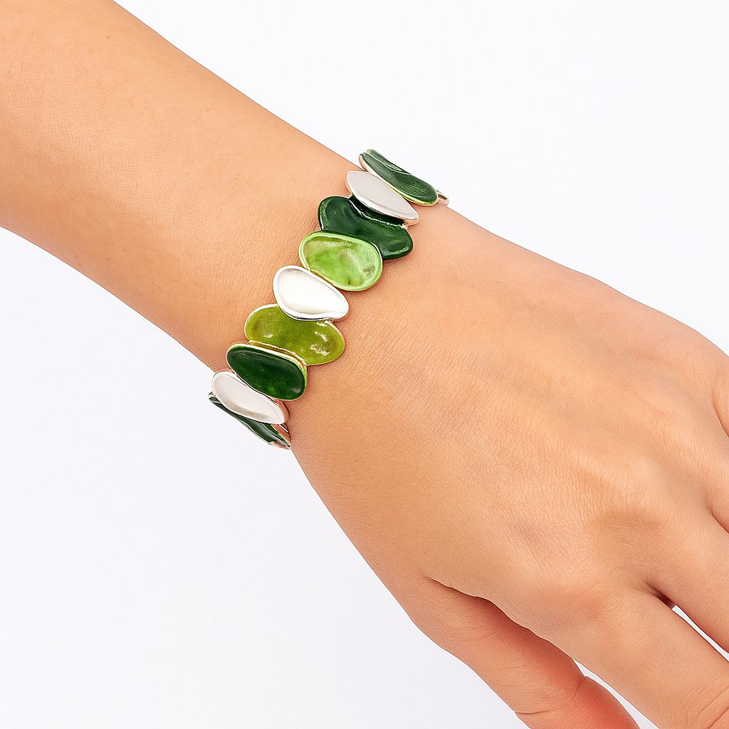 KC gold plated artistic bracelet featuring gradient green enamel details.