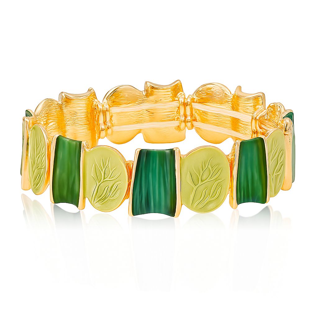 Green enamel gold bracelet with nature-inspired hand-painted links