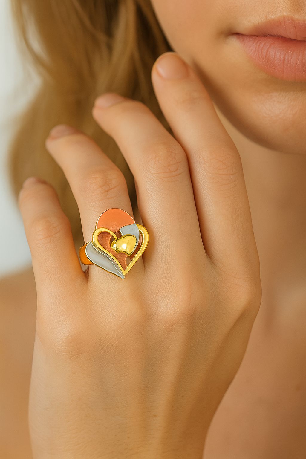 Hand-painted KC gold plated heart ring with artistic enamel colors