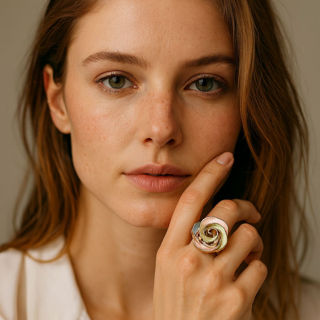 Artistic KC gold plated enamel ring styled on fashion model