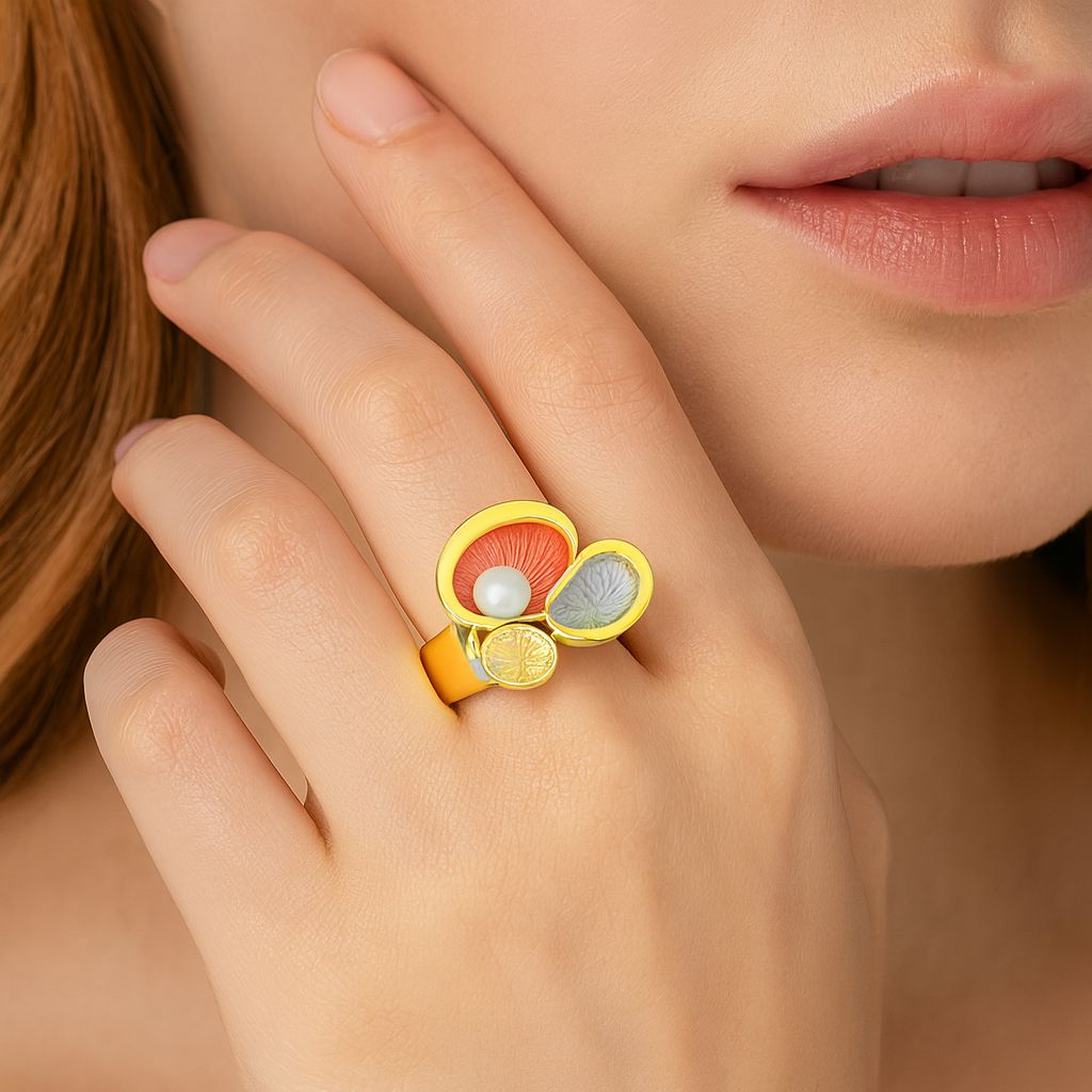 Artistic statement ring with pearl and colorful enamel design