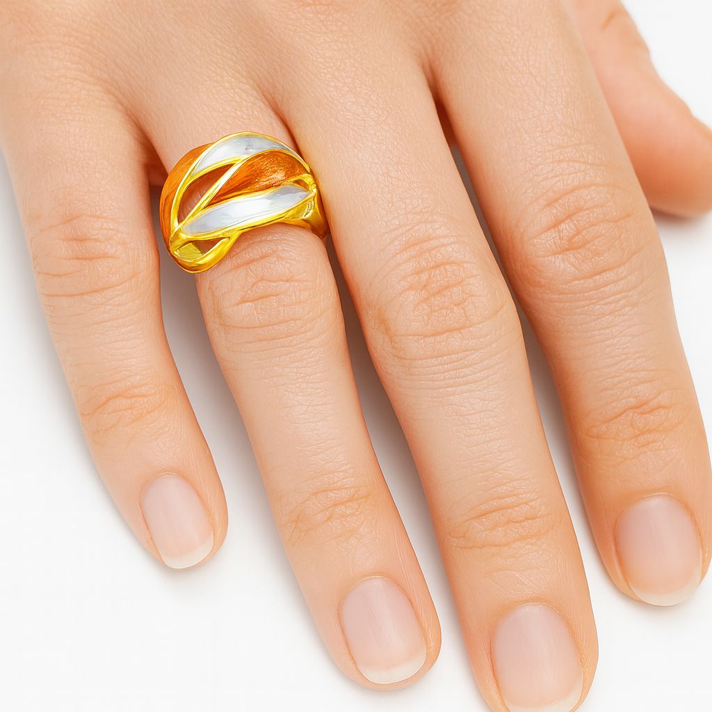 Woman wearing artistic twisted enamel statement ring