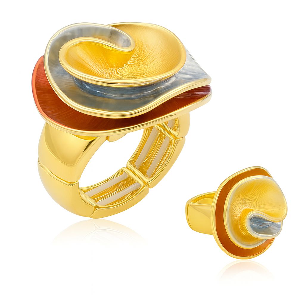 Artistic multi-layer spiral gold ring with enamel details