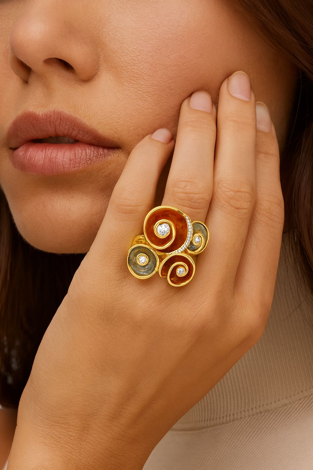 Artistic swirl statement ring with KC gold plating and hand-painted enamel shown on hand