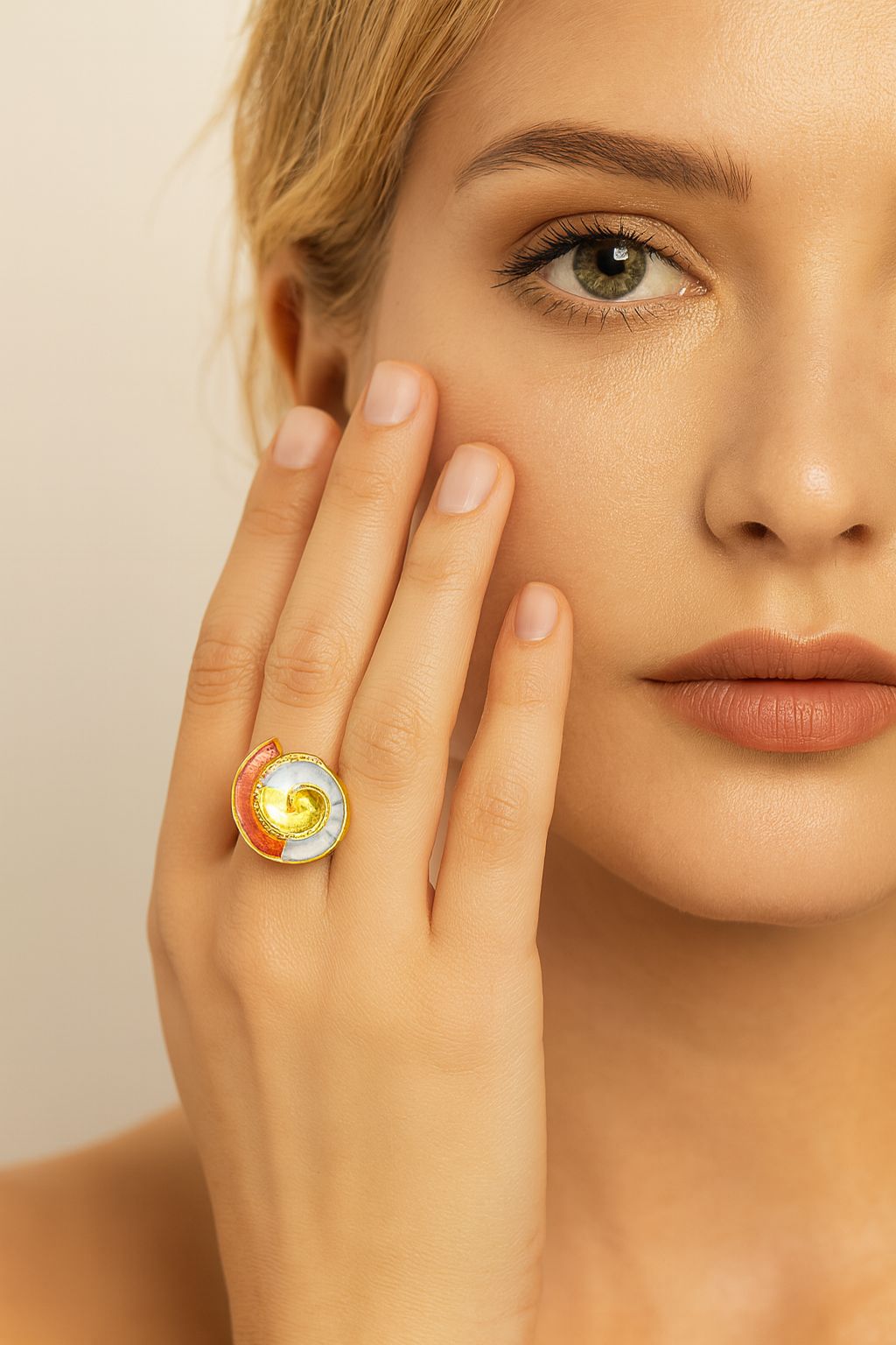 Artistic swirl statement ring in coral and white enamel