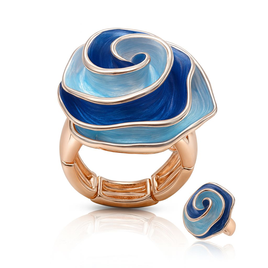 Artistic two tone blue enamel ring with KC gold plating