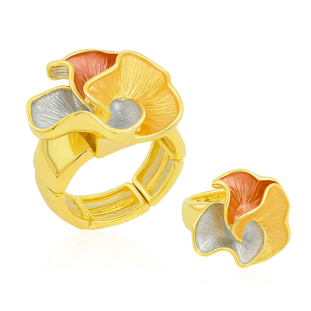 KC gold blooming petal statement ring with hand-painted enamel